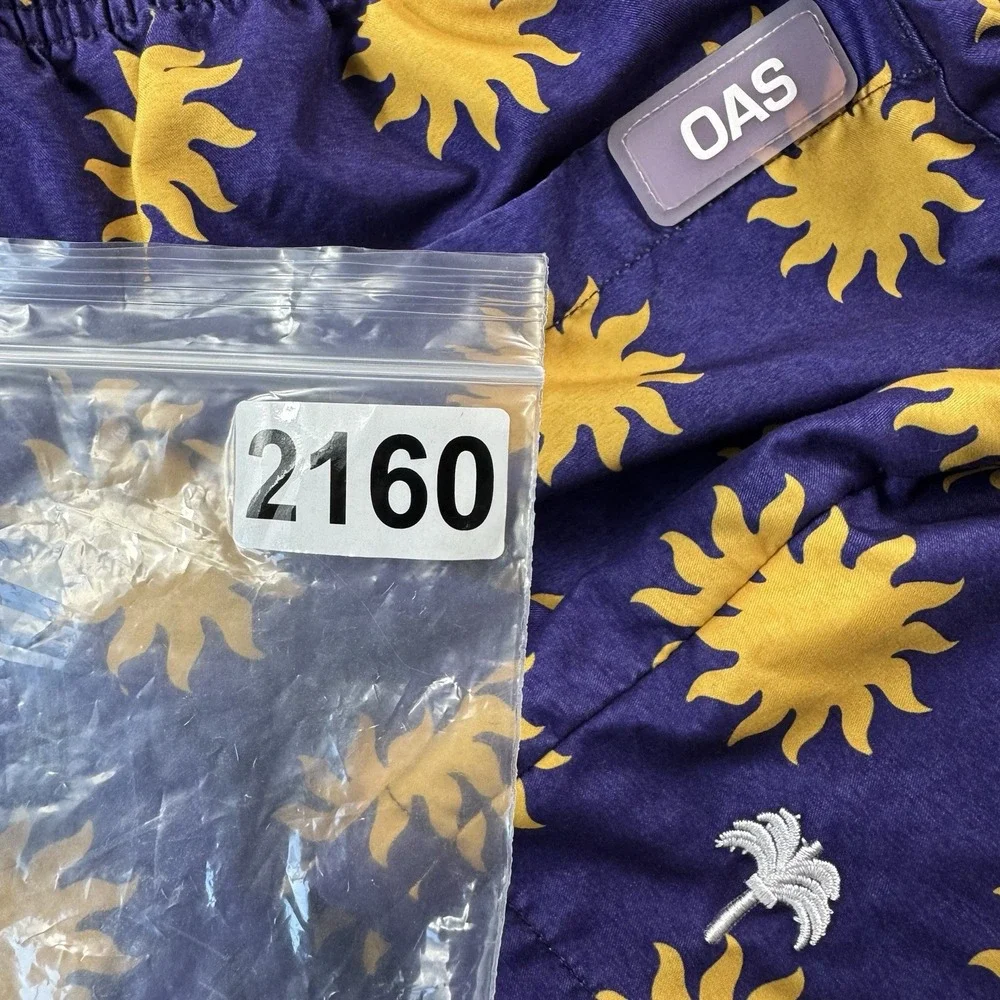 OAS Purple Yellow Sun AOP Mens Polyester Swimshort Cut Liner Size Medium